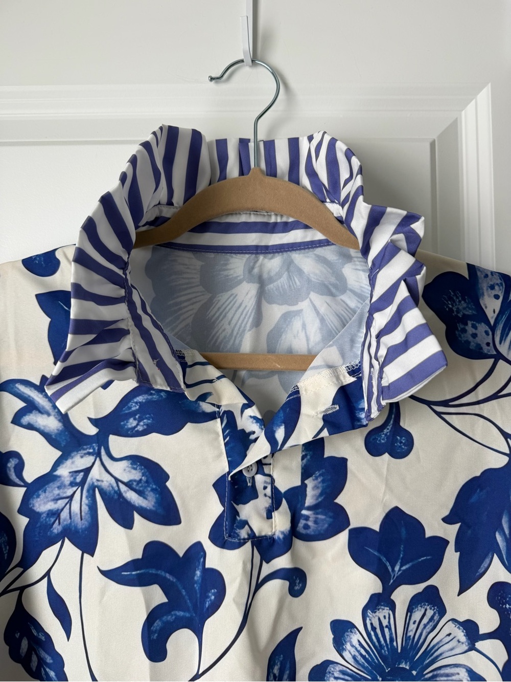 Blue & White Floral Button Shirt w/ Striped Collar and Cuffs - Picture 5 of 6